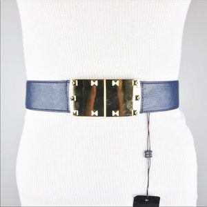 BCBG WAIST BELT NAVY BLUE GOLD STUDDED VEGAN LEATHER